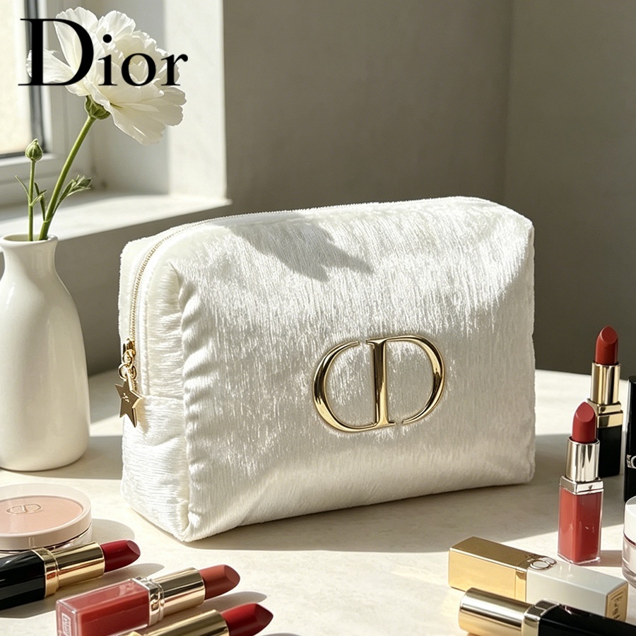 Women Bags Logo - ディオールのバッグ ホワイトベルベット トラベルコスメティックバッグ 女性用必須収納ポーチ シンプルなファッションデザイン メタルロゴ付き