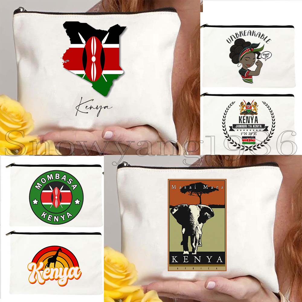 Women Bags Kenya - ケニアの国章、旗、地図、ケニア、かわいい、旅行、化粧バッグ、女性、学校、教師、ギフト、口紅、化粧品バッグ、コットンポーチ、財布