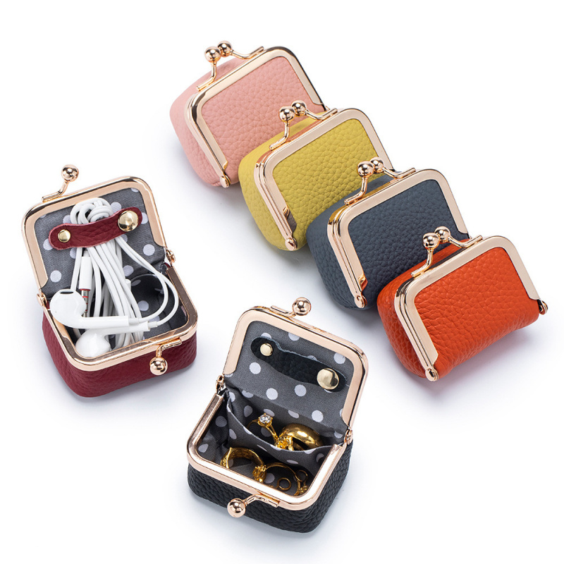 Women Bags Gold - ミニレザーコインケース – ゴールドクラスプ付き、女性用の小さなジュエリーやイヤホン用ポーチ、普段使いに最適なキュートでカラフルな財布