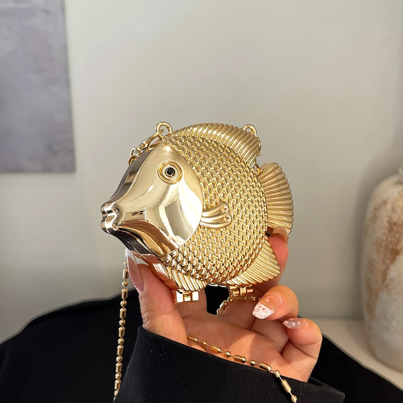 Women Bags Gold - 小さな魚の形をした金属製のミニハンドバッグ,ショルダーバッグ,口紅の財布,ゴールド,シルバー,女性のファッション,イブニングクラッチ,かわいい