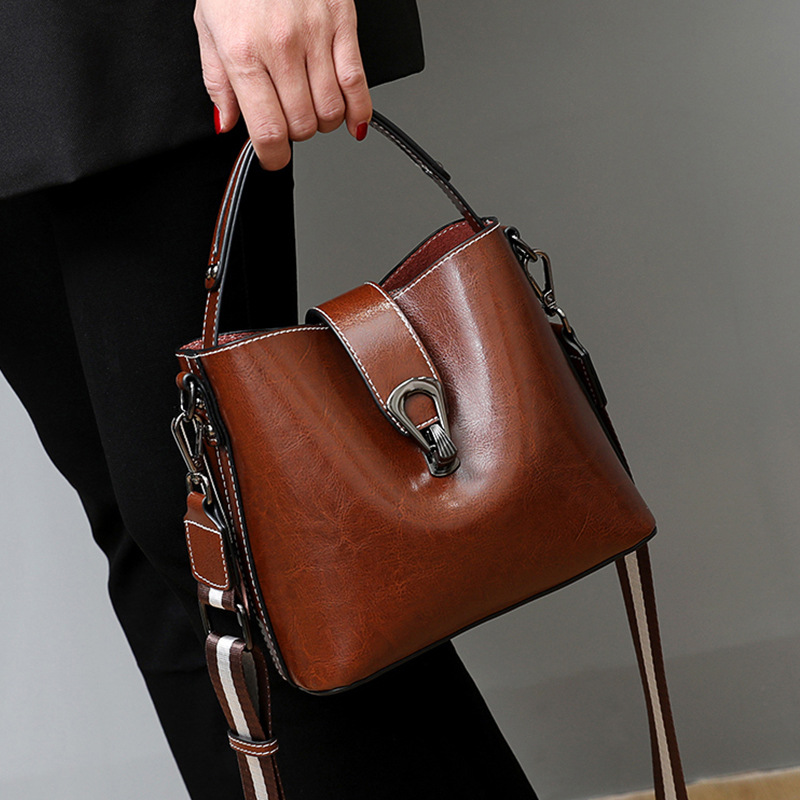Doctor Bag Leather - リアルオイルワックスレザー レディース バケットバッグ カジュアル シンプル ハンドバッグ