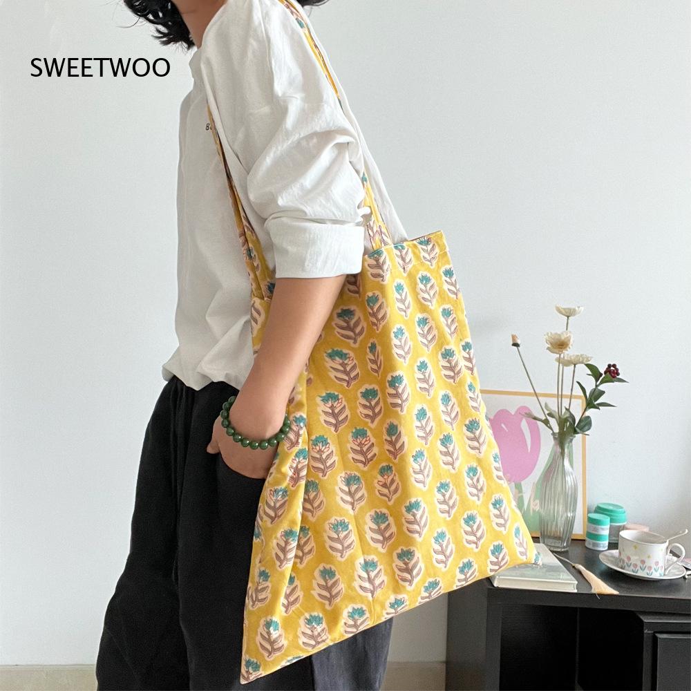 Women Bags India - 牧歌的な植物プリントのソフト織りバッグ、ヴィンテージインドブロックプリントデザイン、大容量、通勤、旅行、ポータブル収納、ハンドバッグ