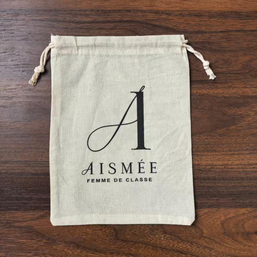 Women Bags Logo - 100枚入り 天然コットンバッグ 15x20cm 巾着ギフトポーチ シルクスクリーン印刷 大きな黒ロゴ