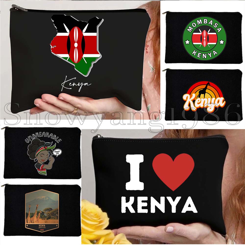 Women Bags Kenya - ケニアの国章、旗、地図、ケニア、かわいい、旅行、化粧バッグ、女性、学校、教師、ギフト、口紅、化粧品バッグ、コットンポーチ、財布