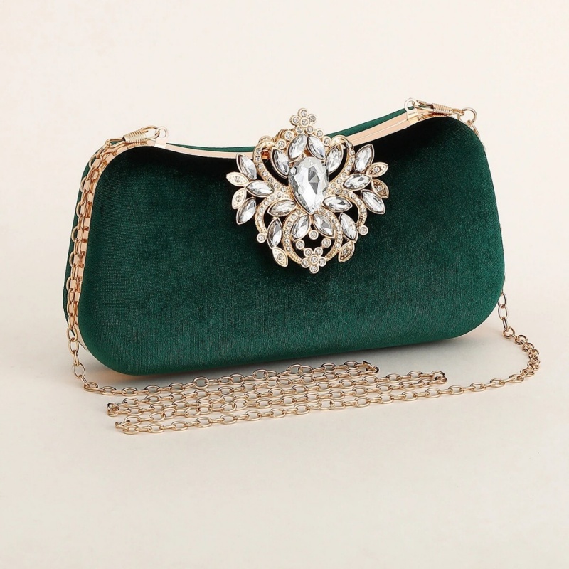 ダークグリーンベルベットクラッチバッグ高級ラインストーン花柄 - Women Bags Gold のレビューと価格