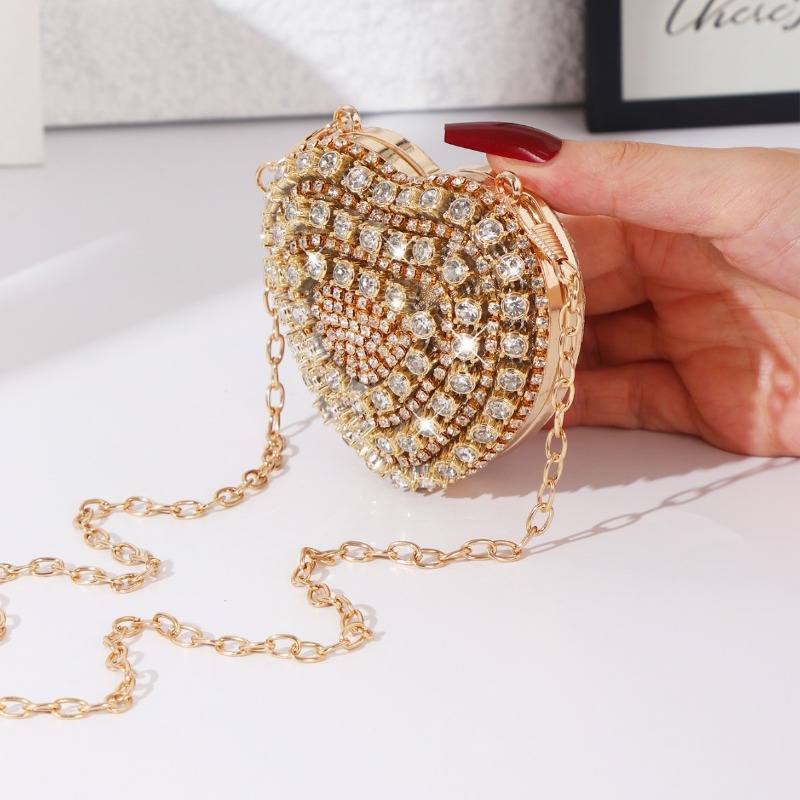 ミニハート型ダイヤモンドセッティングイブニングバッグ高級ブリ - Women Bags Gold のレビューと価格