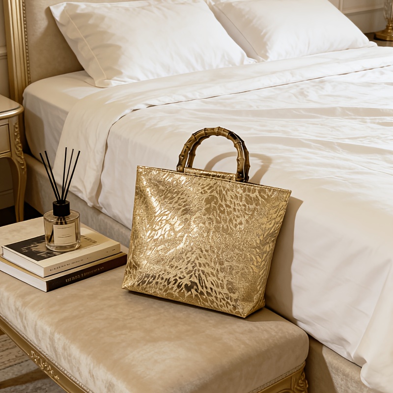 ライトラグジュアリーなメタリックゴールドジャカードリーフ柄ト - Women Bags Gold のレビューと価格