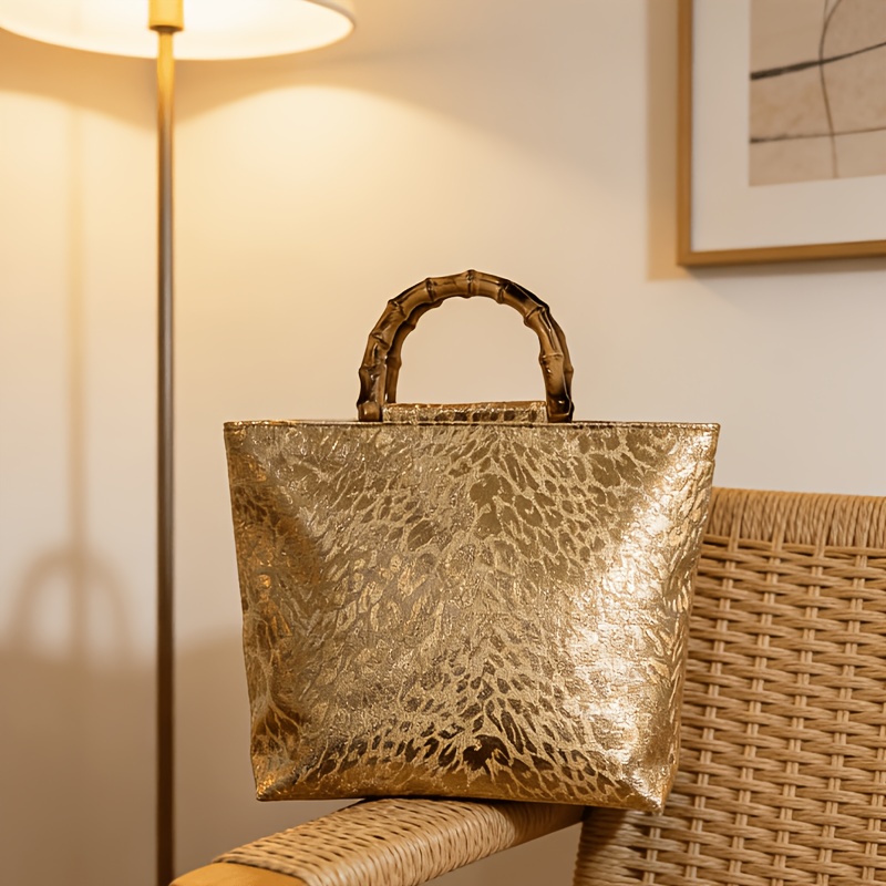ライトラグジュアリーなメタリックゴールドジャカードリーフ柄ト - Women Bags Gold のレビューと価格