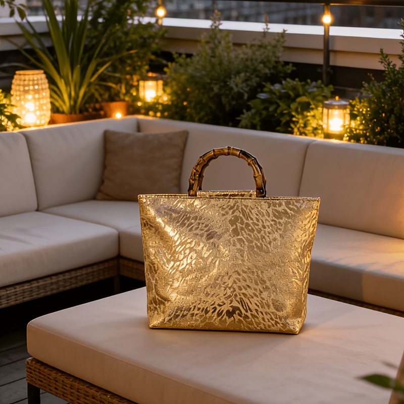 ライトラグジュアリーなメタリックゴールドジャカードリーフ柄ト - Women Bags Gold のレビューと価格