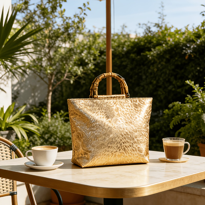 ライトラグジュアリーなメタリックゴールドジャカードリーフ柄ト - Women Bags Gold のレビューと価格