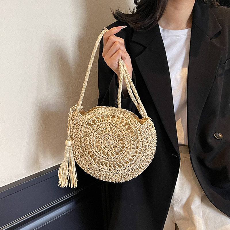 女性中空わらバッグサークル籐バッグラウンドソフト紙ロープショ - Circle Round Bag のレビューと価格