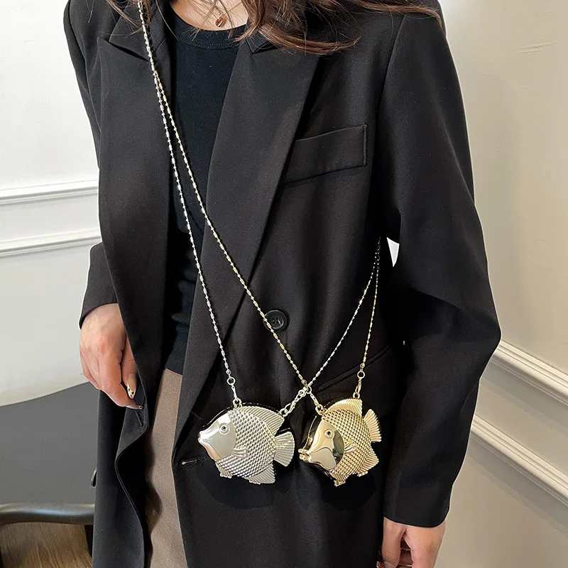 小さな魚の形をした金属製のミニハンドバッグ,ショルダーバッグ - Women Bags Gold のレビューと価格
