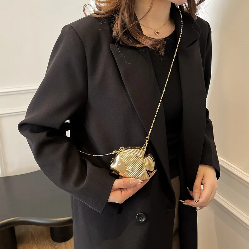小さな魚の形をした金属製のミニハンドバッグ,ショルダーバッグ - Women Bags Gold のレビューと価格